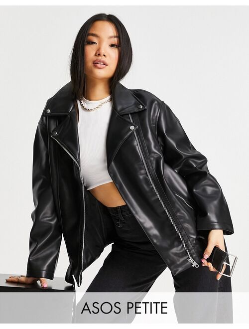 Asos Design Petite longline oversized leather look moto jacket in black