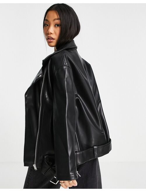 Asos Design Petite longline oversized leather look moto jacket in black
