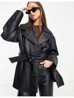 faux leather mum belted jacket in black