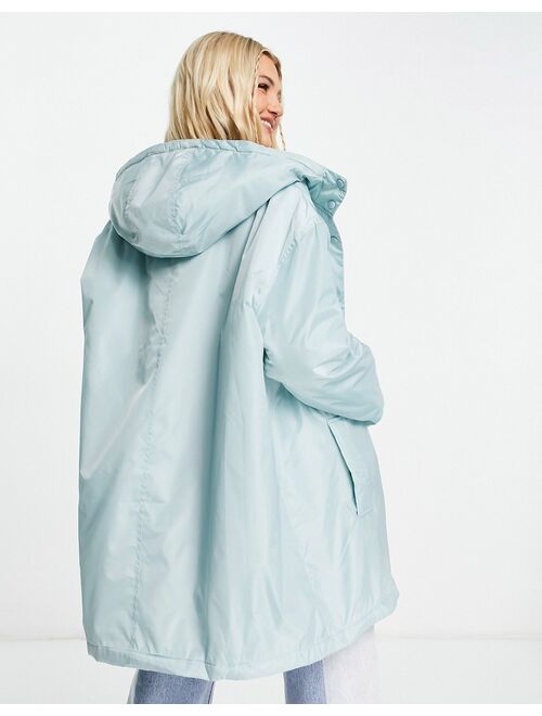 Asos Design padded button through raincoat with hood in baby blue