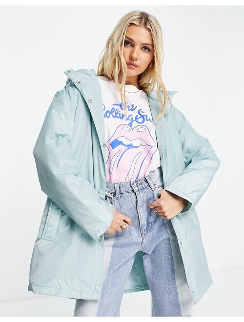 Asos Design padded button through raincoat with hood in baby blue