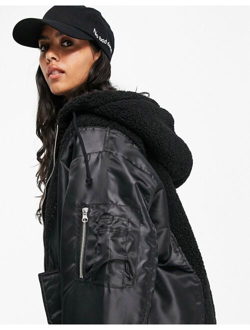 Asos Design fleece patched bomber jacket in black