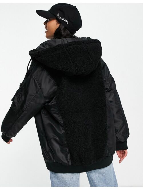 Asos Design fleece patched bomber jacket in black