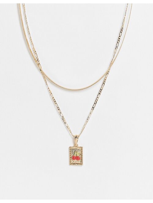 Asos Design multirow necklace with cherry tag pendant in gold tone