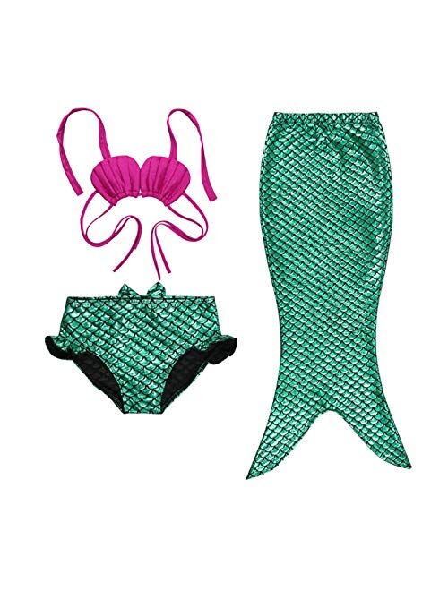 Baby Girls 3 Pieces Mermaid Tail + Bikini Swimsuit with Headwear Set Princess Swimwear Sets (A-Green, 110CM)