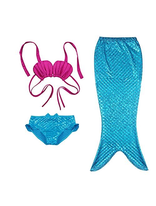 Baby Girls 3 Pieces Mermaid Tail + Bikini Swimsuit with Headwear Set Princess Swimwear Sets (A-Blue, 110CM)