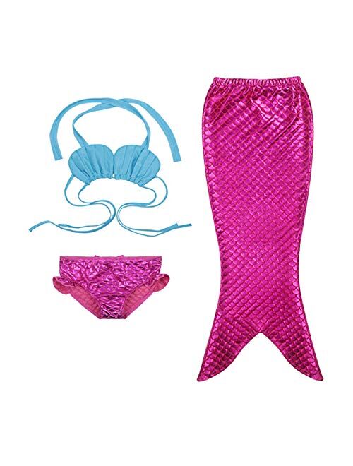 Baby Girls 3 Pieces Mermaid Tail + Bikini Swimsuit with Headwear Set Princess Swimwear Sets (A-Purple, 110CM)