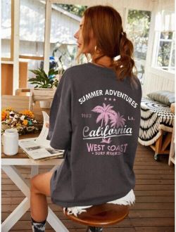 Letter And Tropical Print Oversized Tee