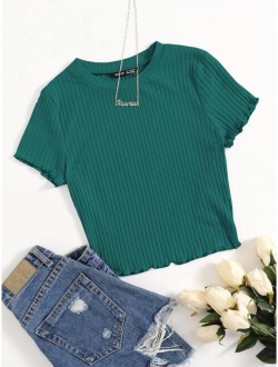 Solid Lettuce Trim Rib-knit Tee