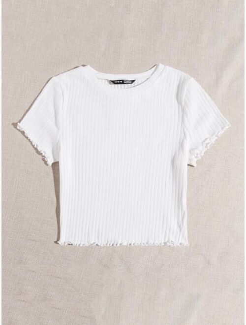 Shein Solid Lettuce Trim Rib-knit Tee