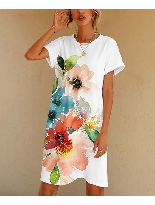 Buy PixieLady White & Blue Watercolor Floral T-Shirt Dress - Women ...