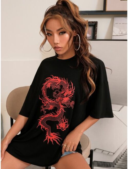 Shein Chinese Dragon Graphic Oversized Longline Tee