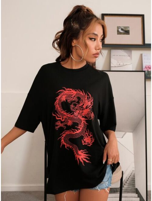 Shein Chinese Dragon Graphic Oversized Longline Tee