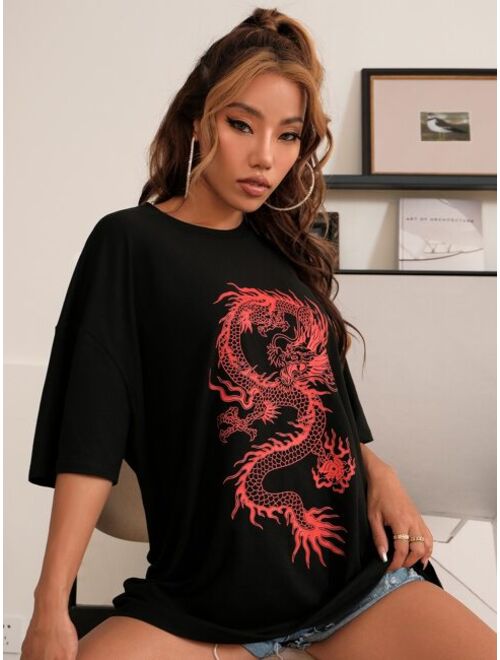 Shein Chinese Dragon Graphic Oversized Longline Tee