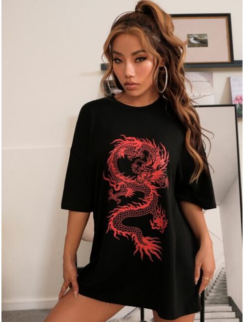 Shein Chinese Dragon Graphic Oversized Longline Tee