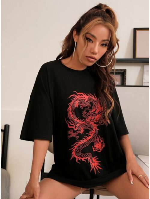 Shein Chinese Dragon Graphic Oversized Longline Tee