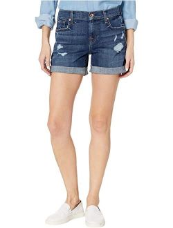 7 For All Mankind Relaxed Mid Roll Shorts in Broken Twill Plaza w/ Destroy
