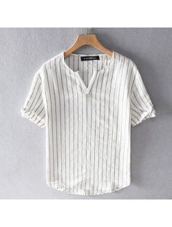 Summer Men Striped Shirt Brand V Neck Breathable Chic Short Sleeve Camisas Vintage Streetwear Casual Pullover S-5XL