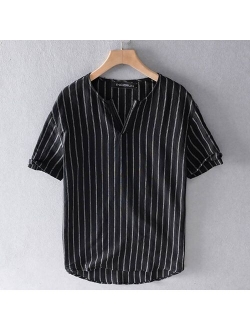 Summer Men Striped Shirt Brand V Neck Breathable Chic Short Sleeve Camisas Vintage Streetwear Casual Pullover S-5XL