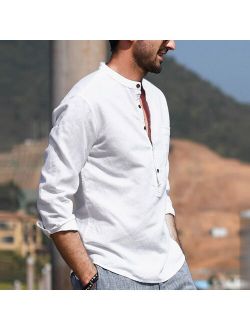 Men's Casual Shirt Cotton Solid Color Long Sleeve Blouse Chic Stand Collar Fashion Handsome Tops 2021 Streetwear Camisas
