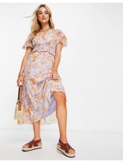 puff sleeve shirred pleated midi dress in floral print