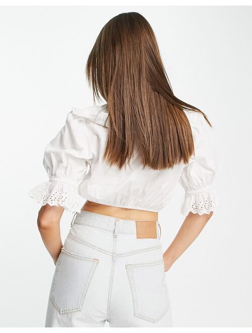 Asos Design button through cotton top with collar and lace inserts in ivory