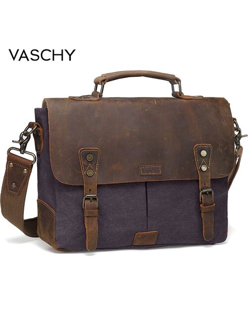 VASCHY  Messenger Bag Men Leather Genuine Leather Canvas 14inch Laptop Briefcase Crossbody Satchel Bag for Men
