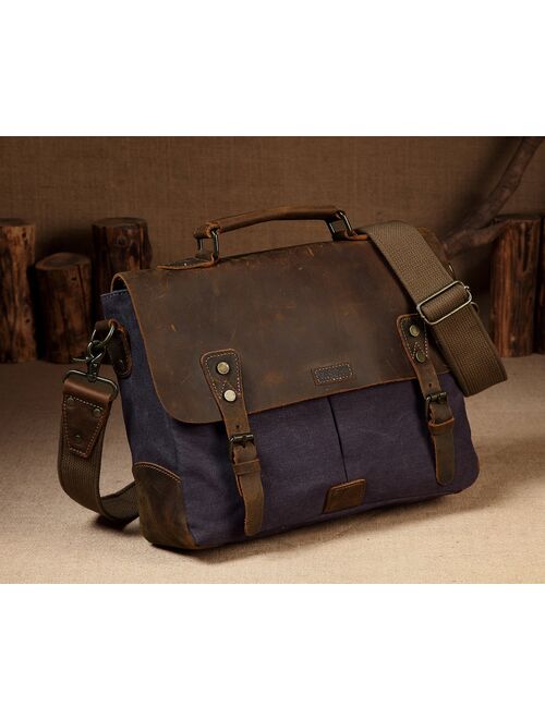 VASCHY  Messenger Bag Men Leather Genuine Leather Canvas 14inch Laptop Briefcase Crossbody Satchel Bag for Men