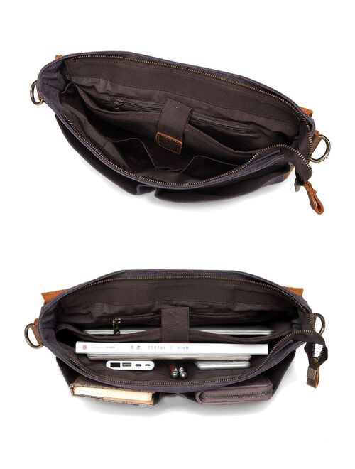 VASCHY  Messenger Bag Men Leather Genuine Leather Canvas 14inch Laptop Briefcase Crossbody Satchel Bag for Men