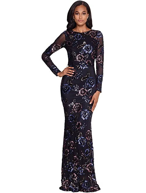 Betsy & Adam Long Long Sleeve Floral Sequin Gown
