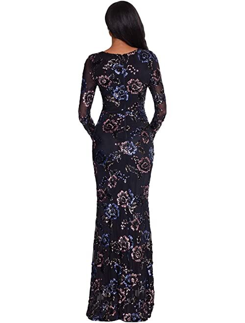 Betsy & Adam Long Long Sleeve Floral Sequin Gown