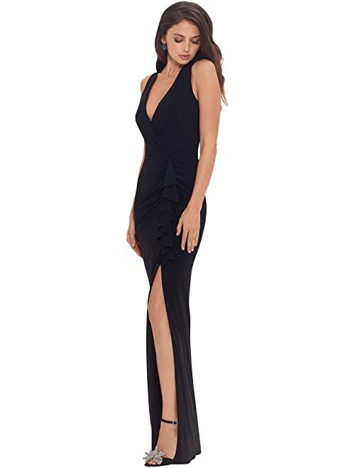 Betsy & Adam Long Jersey V-Neck Gown