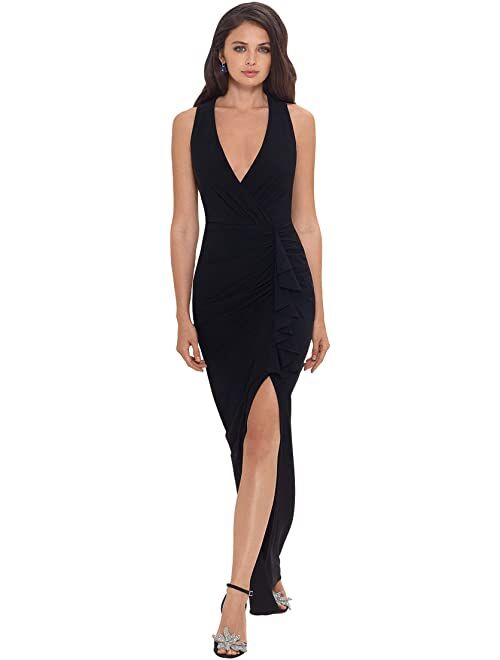 Betsy & Adam Long Jersey V-Neck Gown
