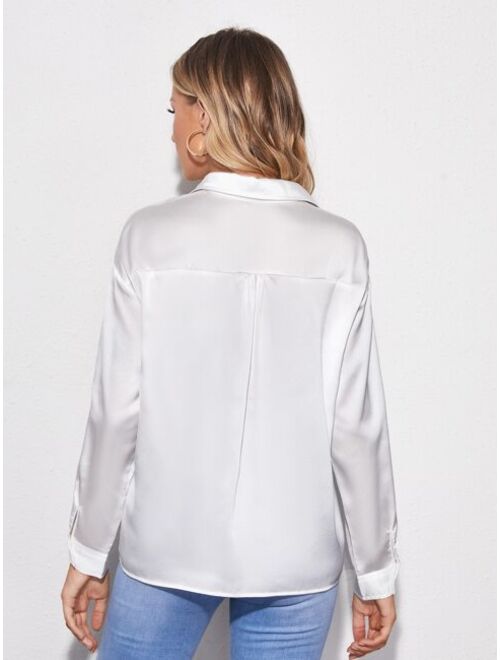 Shein Drop Shoulder Button Front Satin Blouse