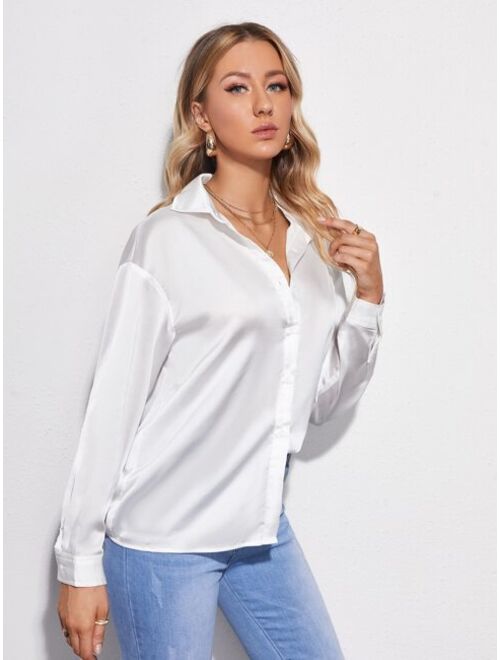 Shein Drop Shoulder Button Front Satin Blouse
