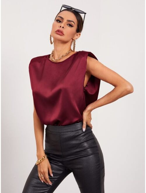 Shein Solid Sleeveless Shoulder Pad Satin Top