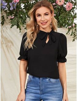 Tie Neck Ruffle Cuff Solid Top