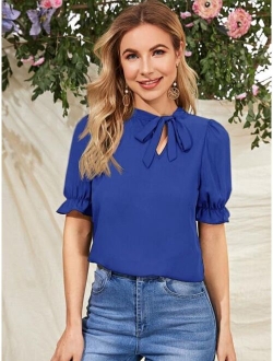 Tie Neck Ruffle Cuff Solid Top