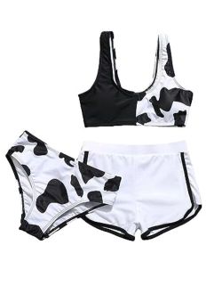 Girl's 3 Piece Swimsuits Cow Print Bikini Bathing Suit with Shorts