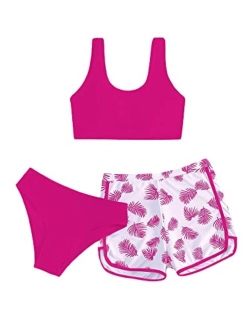 Girl's 3 Piece Swimsuits Cow Print Bikini Bathing Suit with Shorts