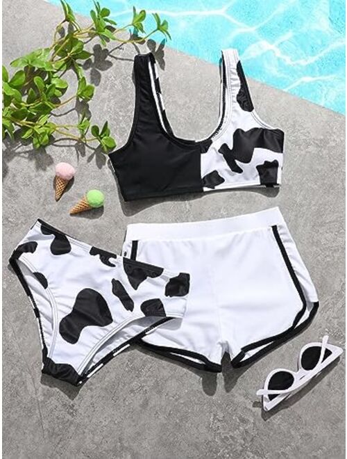 SOLY HUX Girl's 3 Piece Swimsuits Cow Print Bikini Bathing Suit with Shorts