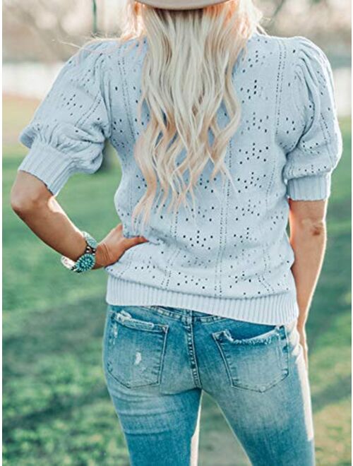 Foshow Womens Puff Short Sleeve Sweaters Tops Summer Soft Crew Neck Dot Pullover Shirt Lightweight Knit Sweater Blouse