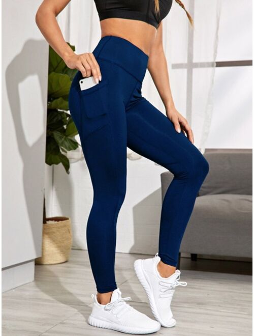 Shein Topstitching Wide Band Waist Sports Leggings With Phone Pocket