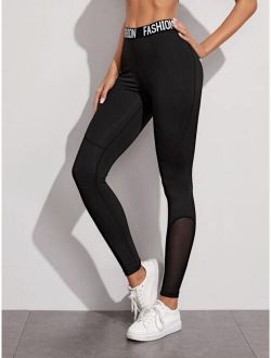 Letter Tape Mesh Panel Sports Leggings