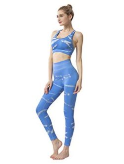 Women's 2 Pieces Yoga Sports Suit Tie-Dye Printing Bra and High Waist Seamless Yoga Leggings Set