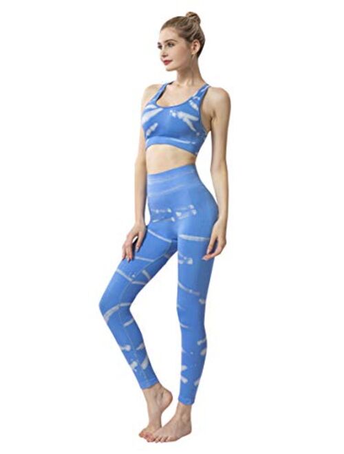 Lisueyne Women's 2 Pieces Yoga Sports Suit Tie-Dye Printing Bra and High Waist Seamless Yoga Leggings Set