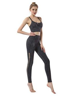 Women's 2 Pieces Yoga Suits Athletic Sweatsuits Solid Sling Sports Bra and Mesh Stitching Stretch Pants Set