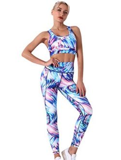 Women's Workout Outfit 2 Pieces Printed Yoga Leggings with Racerback Sports Bra Gym Clothes Set Athletic Yoga Suits