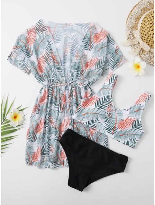 3pack Girls Tropical Bikini Swimsuit & Tie Waist Kimono