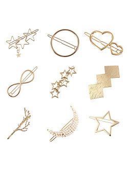 9 Pack Vintage Minimalist Bowknot Circle Moon Star Branch Pearl Metal Gold Hair Clips Hairpins Snap Barrettes Comb Claw Clamp Wedding Bridal Decorative Hair Styling Ornam